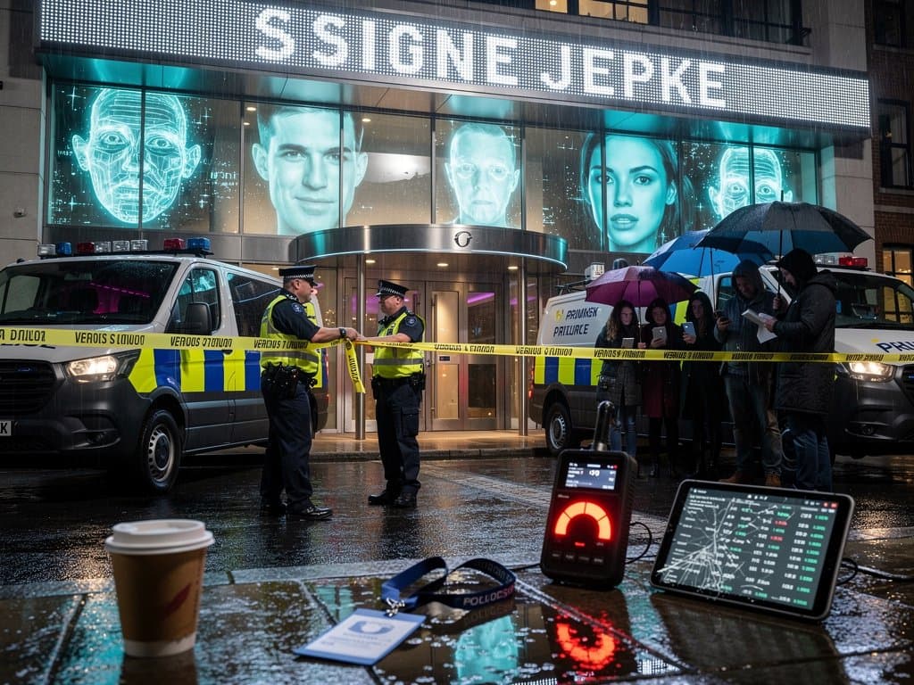 Glitching AI deepfake overlays on shuttered London nightclub with police tape and crypto Fear & Greed Index at 23, evoking visual arts deception