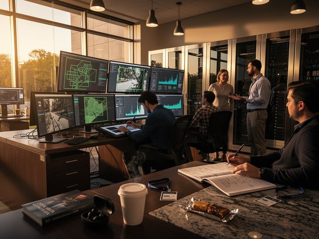 Colby College lab with computer vision AI overlays on crypto charts and photography on multi-monitor setups under natural light