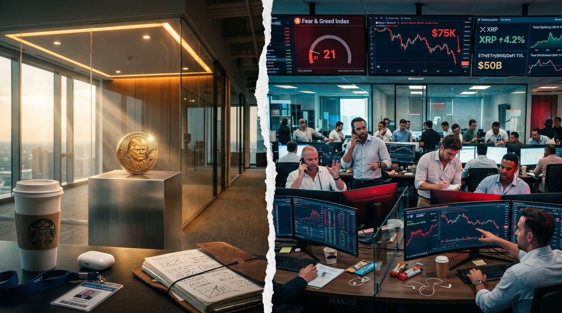 Split-frame documentary critiquing glossy Trump coin renders against grainy fear visuals, charts, and blockchain elements