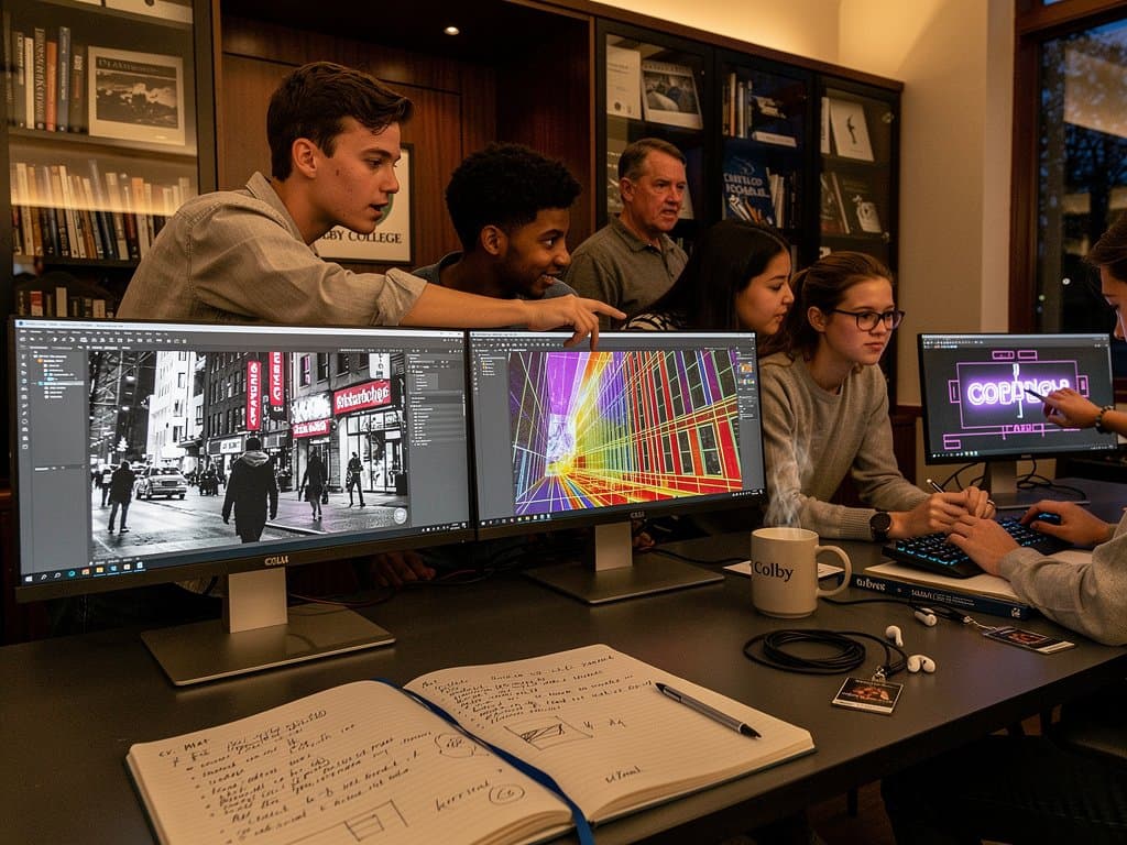 Colby College students analyze computer vision AI course outputs on photography in modern lab with OpenCV displays, notebooks, and Maine view
