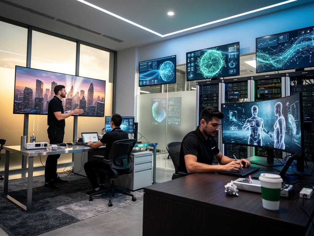 AI-generated video sequences on monitors in modern tech lab with curved screens, neural graphs, and server pods