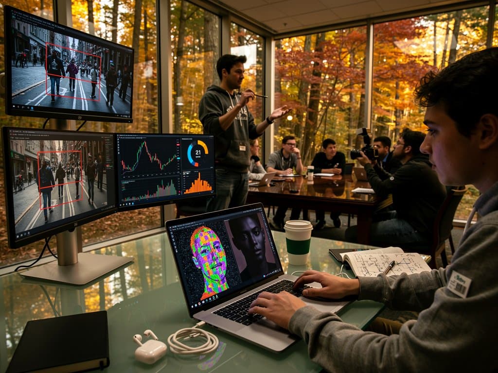 Colby College lab with computer vision demos on photography and crypto charts across multi-monitor setups