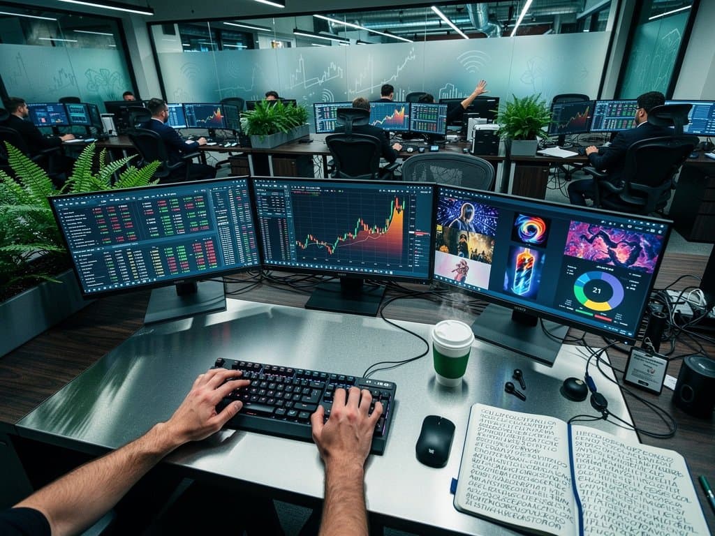 Traders analyze crypto art scam headlines, NFT fraud charts, and market fear index on multi-monitor Bloomberg terminals amid blockchain photography downturn