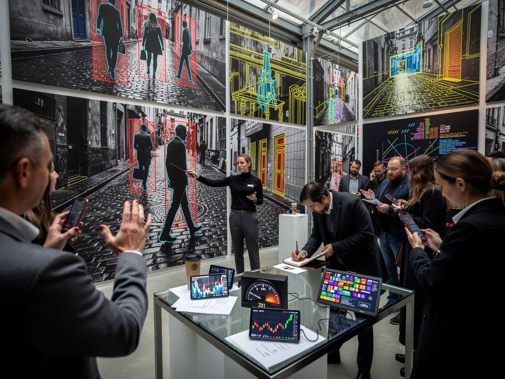 Computer vision overlays on street photography and crypto charts in abstract cyberpunk collage style