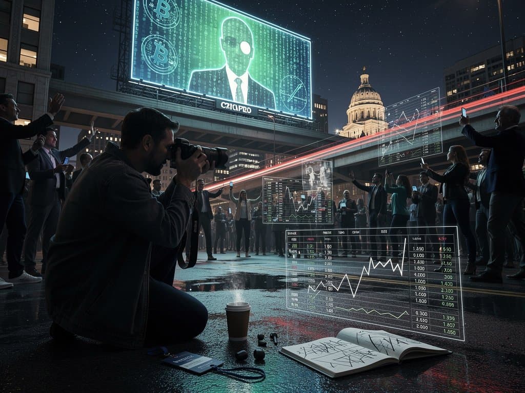 Neon crypto billboard in Ohio political races captured at night with photographer framing chiaroscuro visuals