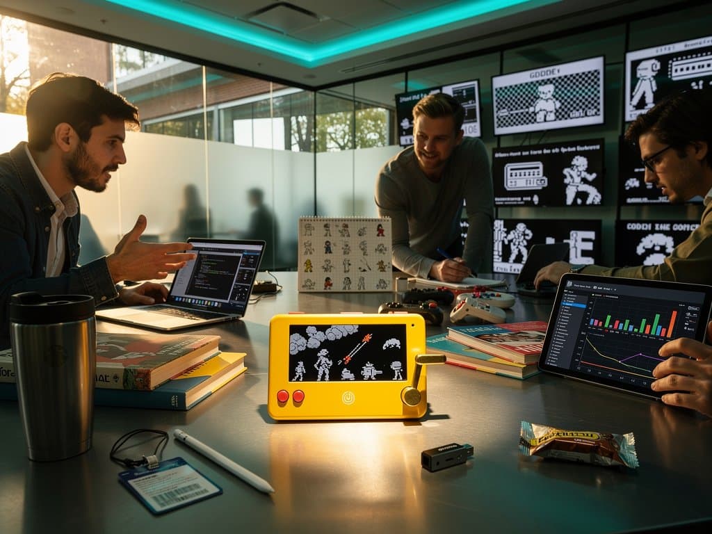 Students collaborate around monitors with 1-bit Playdate games in Duke University's modern GDDI lab amid walnut desks and glass partitions