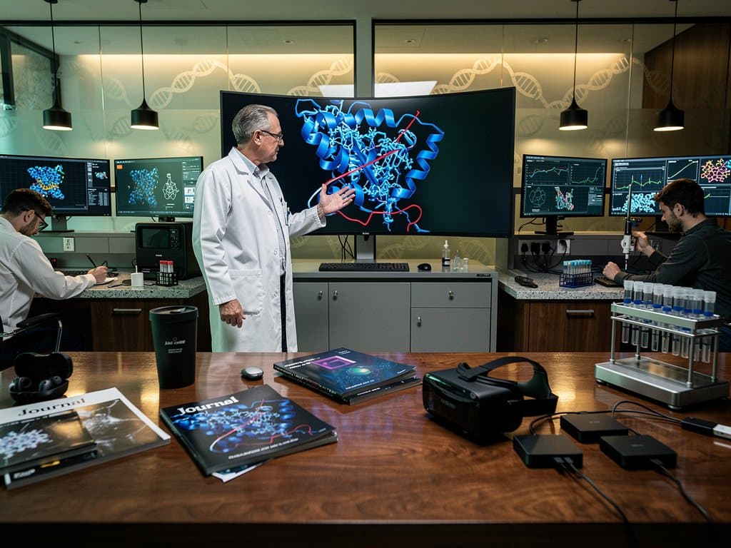 3D AI protein model on lab monitor with glowing helices, tech desks, and server racks in modern biotech visualization environment