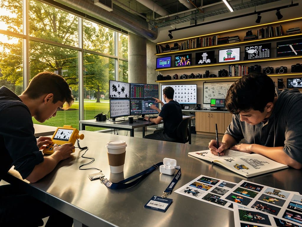 Yellow Playdate handhelds on lab tables display 1-bit games amid photography tools and Bloomberg screens in Duke visual arts studio