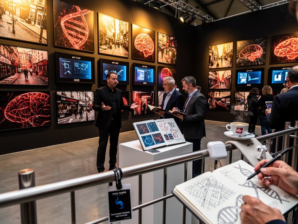 Gallery walls display HAR1-inspired photography prints with DNA overlays on urban scenes at Paris Photo