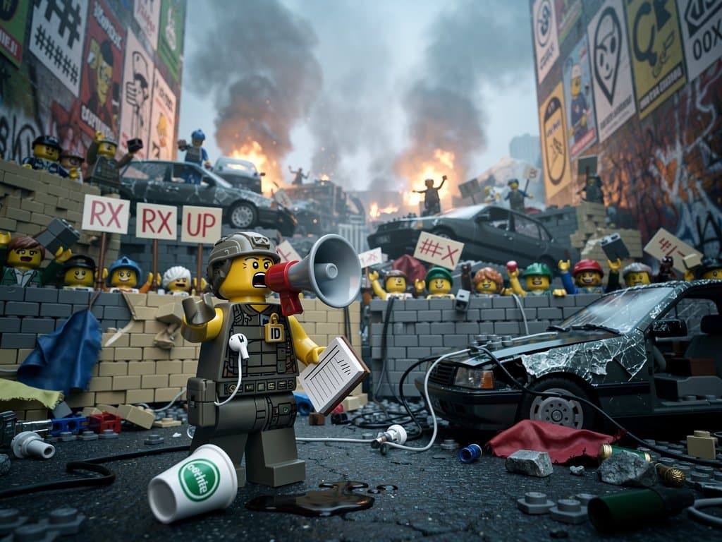 Lego figures in propaganda scene with blockchain overlay and banned stamp