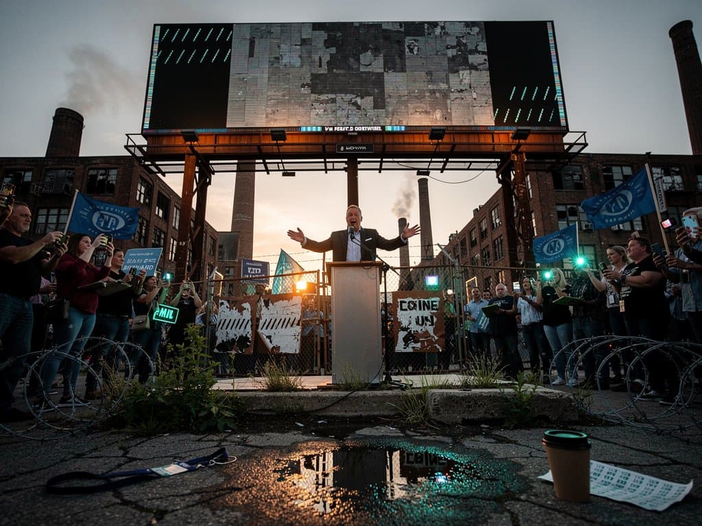 Ohio campaign billboard with crypto visuals and industrial chiaroscuro at dusk