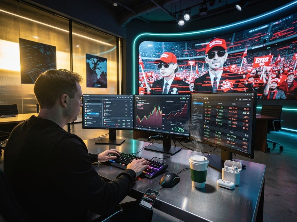 Tech studio screens display abstract AI-generated pro-Trump avatar feeds with glitch detection amid art market charts