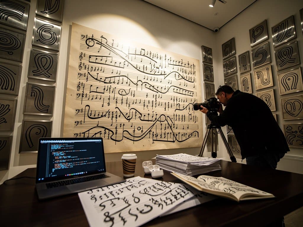 Art gallery displays massive Gregorio chant notation print under spotlights, photographer captures details amid laptops and printouts (98 chars)