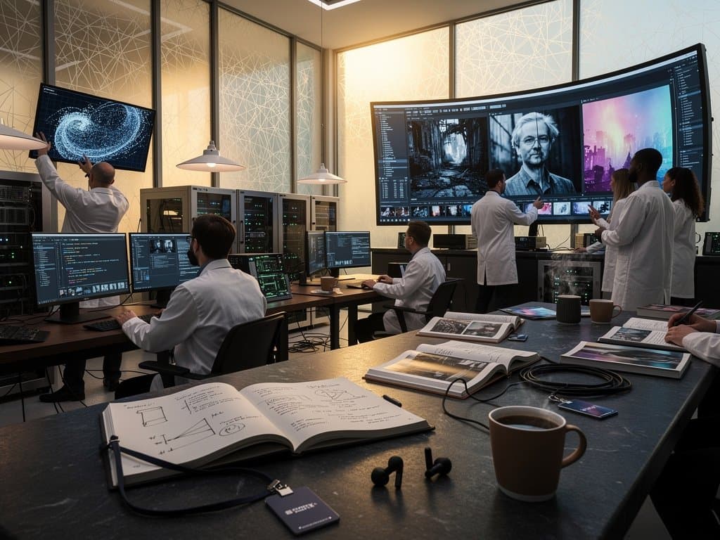 AI-generated art on multi-monitor setups in modern lab with neural diagrams, servers, and holographic projectors amid diffused light