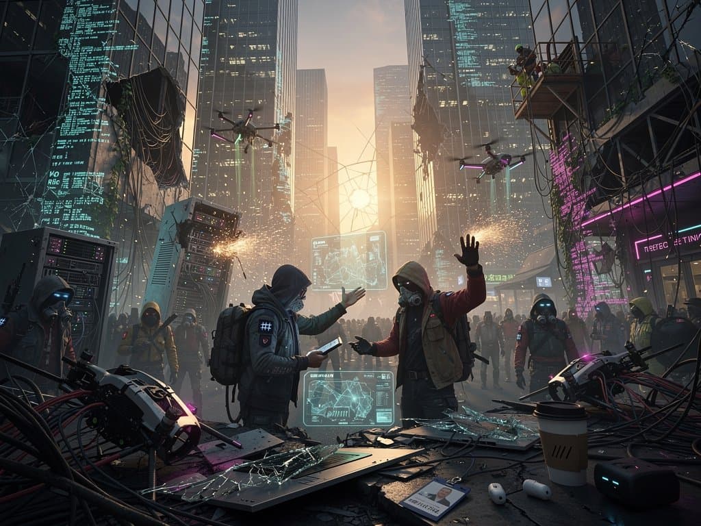 Dystopian city ruins with digital code overgrowth and server wreckage under chiaroscuro skies