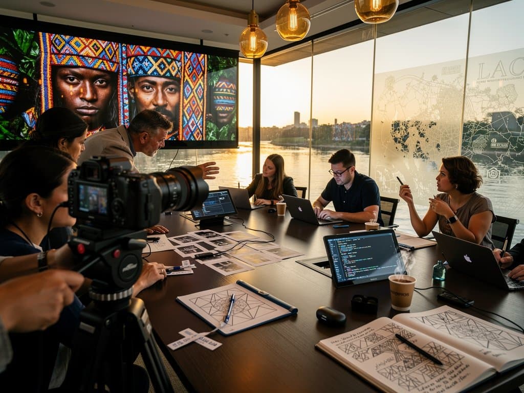 AI-enhanced Latin cultural images on screen as photographers collaborate in UNESCO conference room