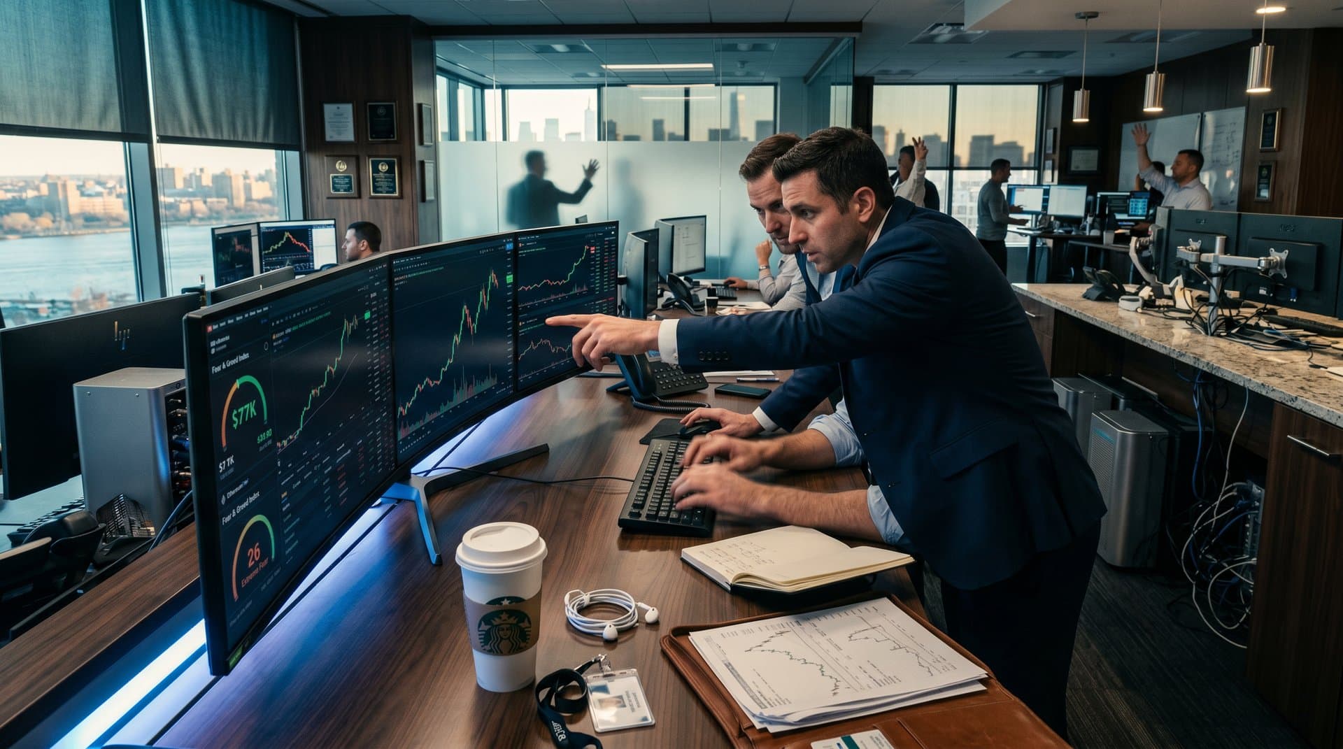 Trading desk monitors show crypto charts and Amazon Nova video search embedding clusters amid finance visuals