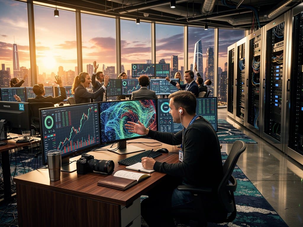 Trading floor monitors display Amazon Nova Multimodal Embeddings analyzing crypto video with semantic search results amid BTC charts