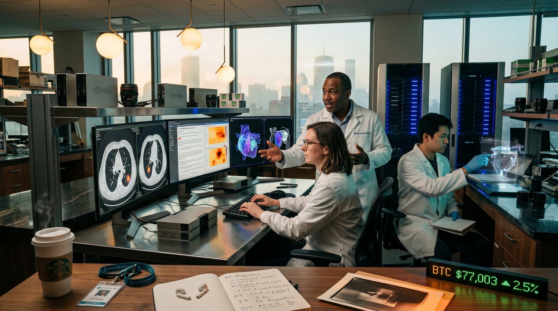 Multi-monitor setup in Mass General Brigham AI lab displays CT scans, AI diagnosis outputs, neural maps against Boston skyline view