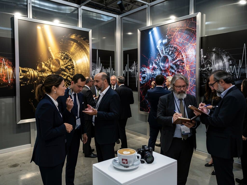 Gallery prints of AI predictive machinery heatmaps at Paris Photo 2026 under spotlights