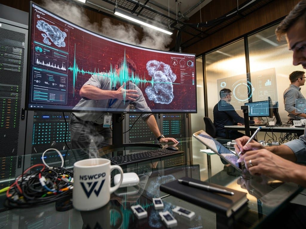 Abstract AI predictive maintenance heatmaps on lab monitor inspiring industrial photography boom