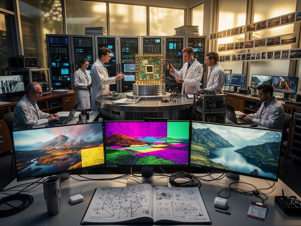 AI lab with wafer-scale Cerebras chip prototype and monitors displaying generative photographic art under dynamic lighting