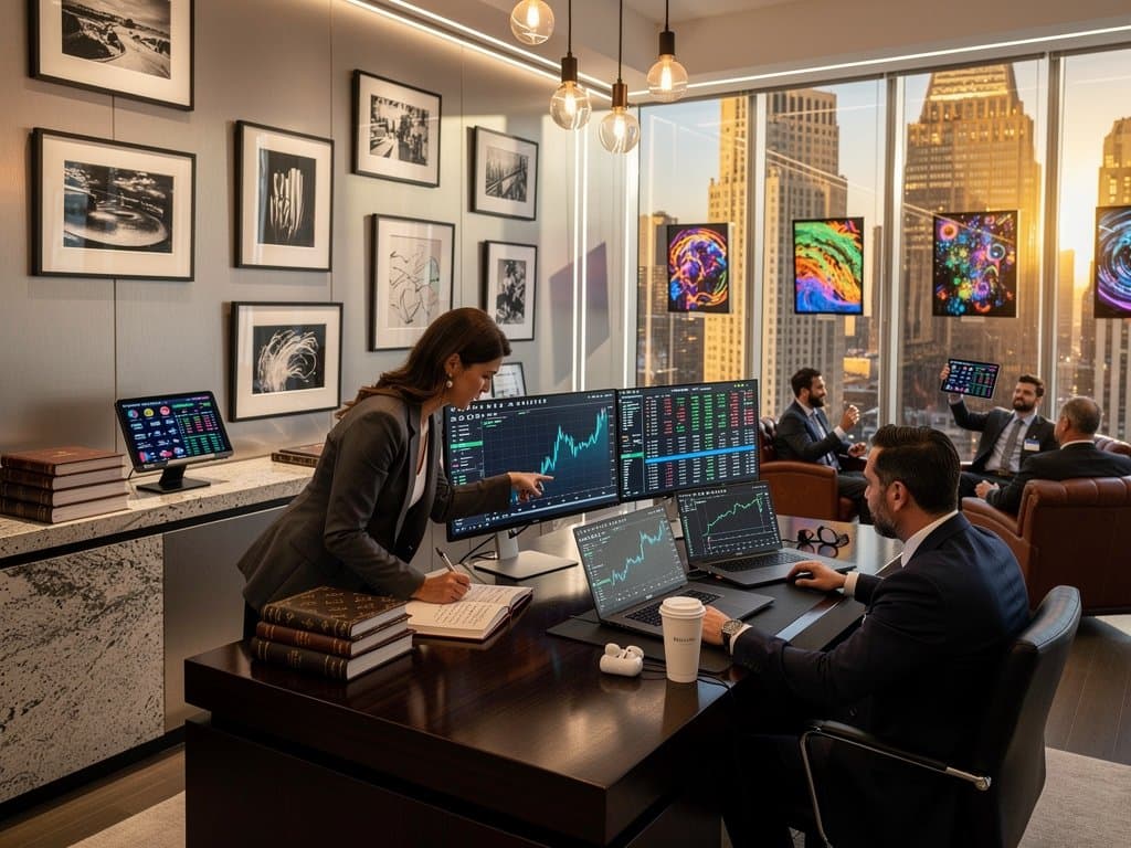 Christie's viewing room desk with XRP charts and photography prints amid auction catalogs and skyline views