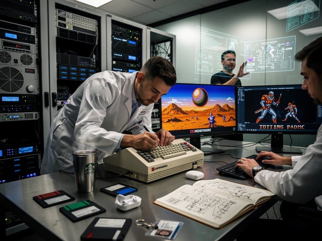 Digital lab restores 1985 Amiga with pixel demos on monitors amid emulation tools and data visuals