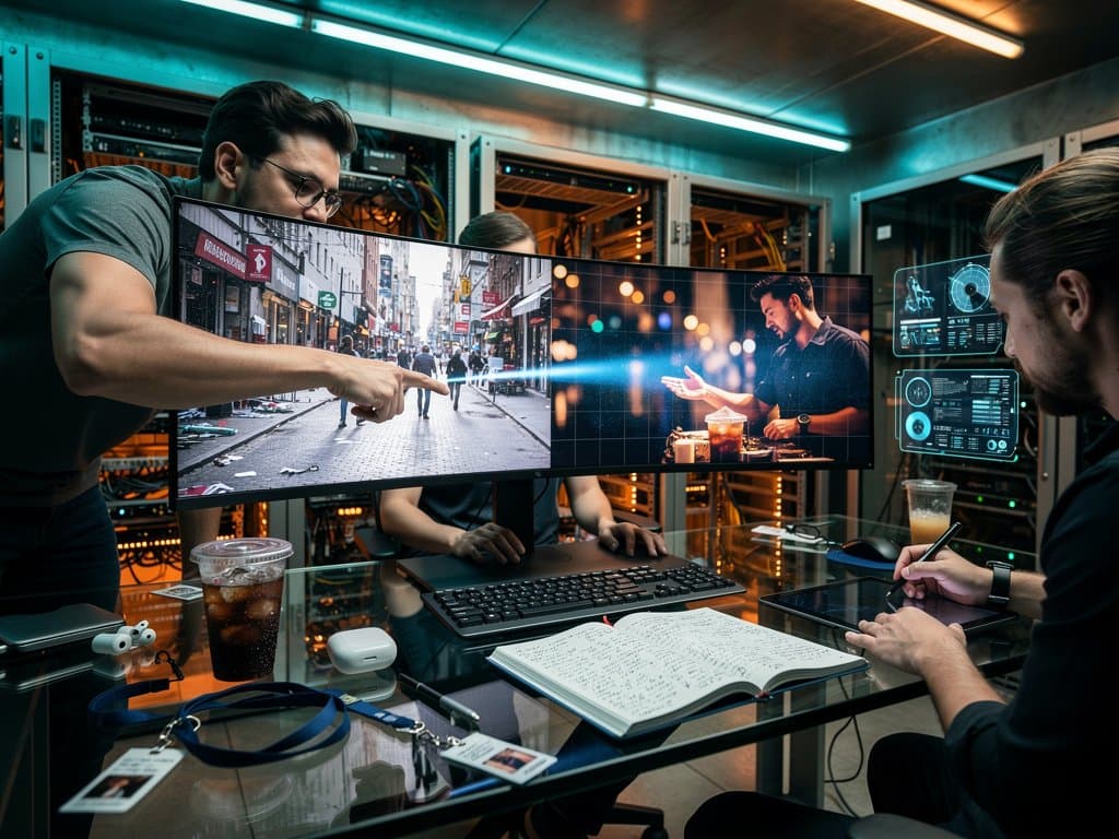 Split-screen AI photo editing interface showing before-after transformations with grids and heatmaps in tech studio