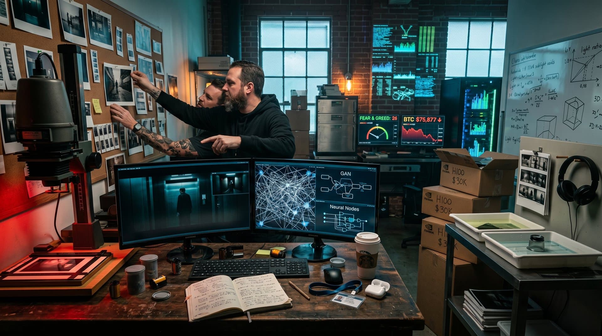 High-tech art studio with chiaroscuro AI visuals, Pinocchio motifs, crypto charts, film rolls, and provenance sketches