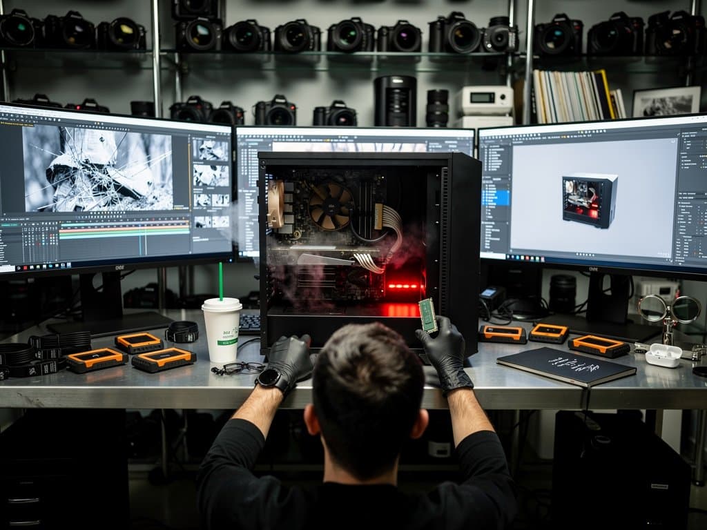 Photographer installs RAM in studio PC amid stalled Photoshop and Blender screens, cameras and prints in background