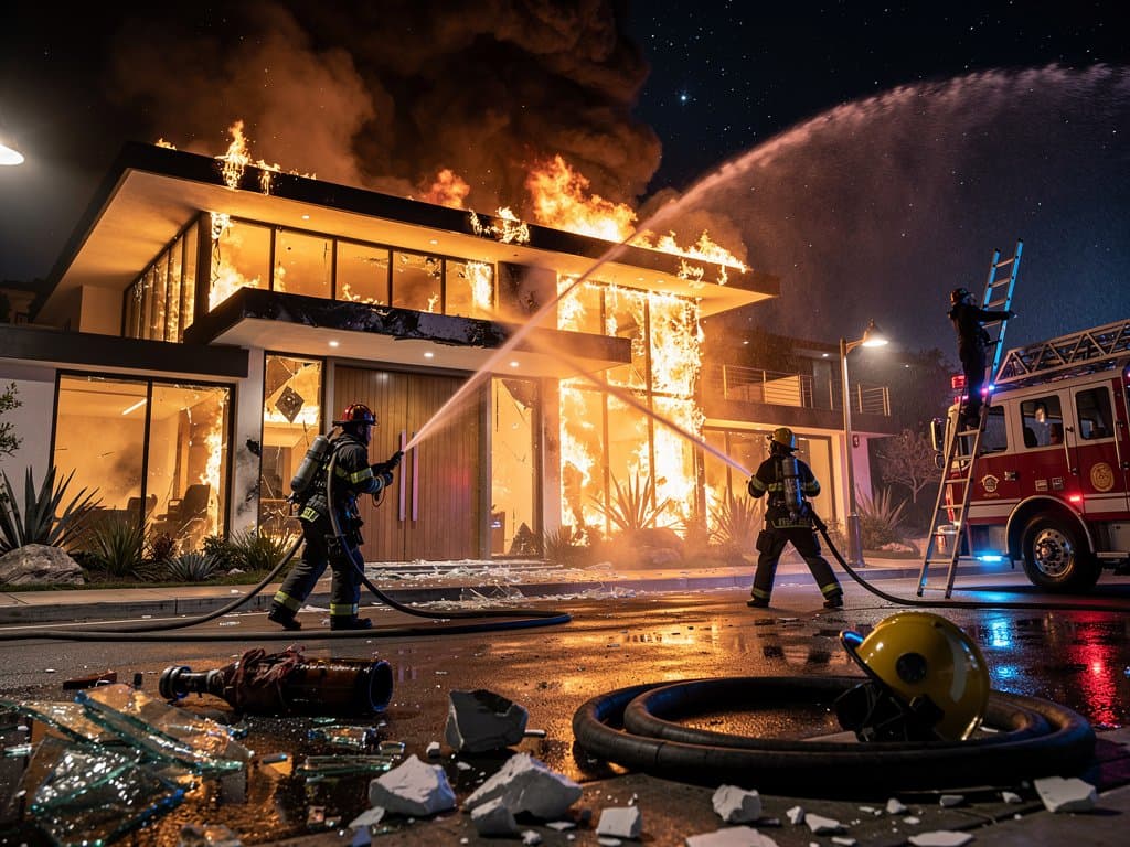 Fiery photojournalistic image of flames engulfing Sam Altman modernist home facade at night with chiaroscuro lighting and debris