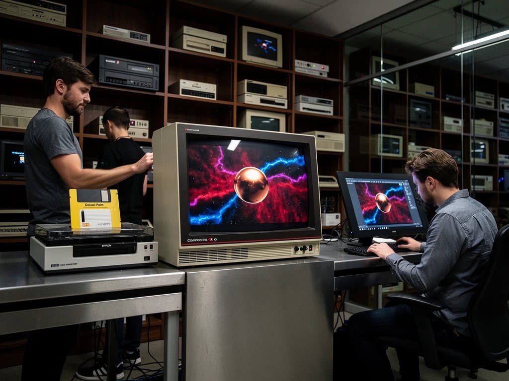 1985 Commodore Amiga CRT with Boing Ball demo, floppies, scanner in preservation studio