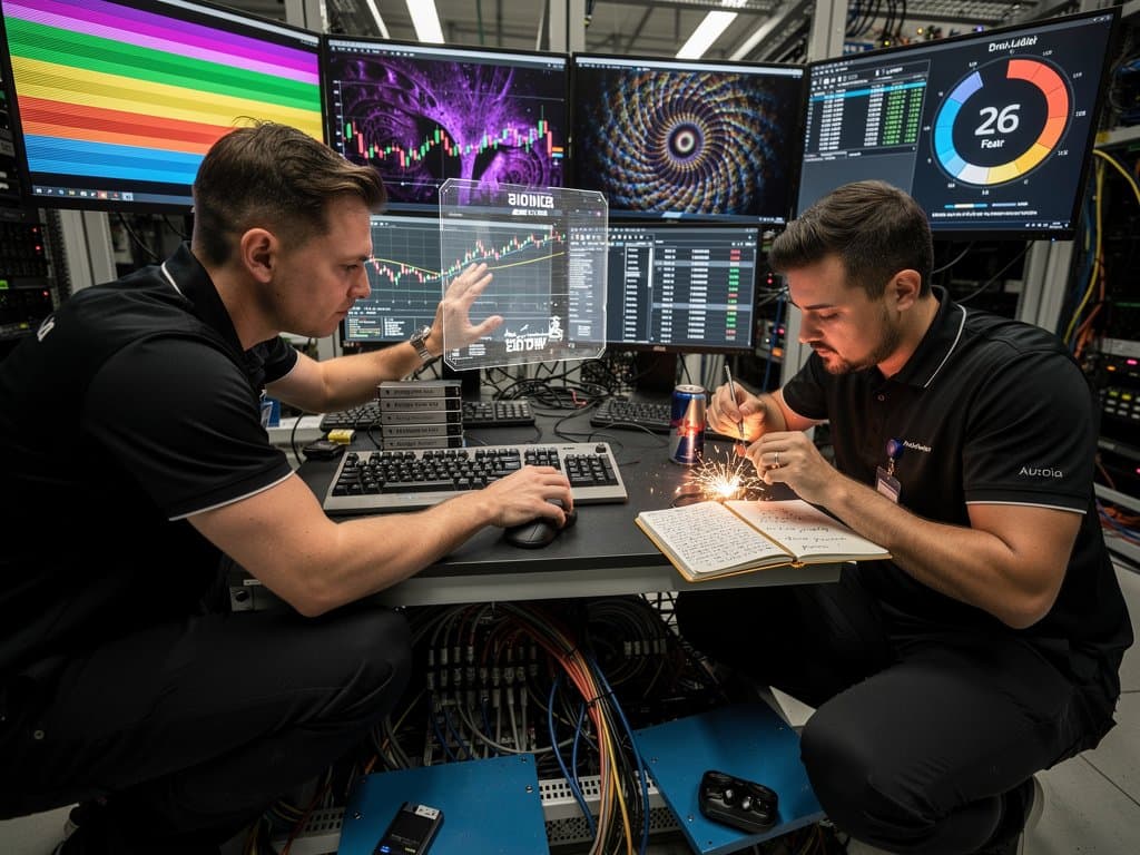 Technicians in premium data center analyze Amiga graphics on multi-monitors amid server racks and LED lighting