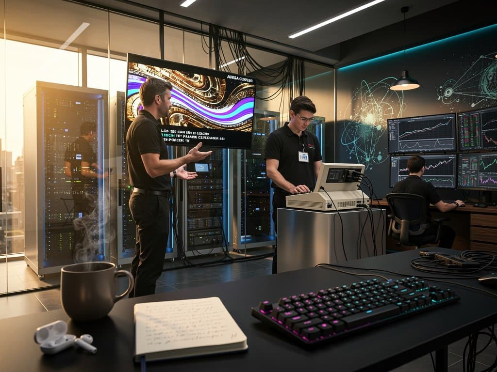 Digital studio displays Amiga Copper demos on OLED amid restored hardware and server racks