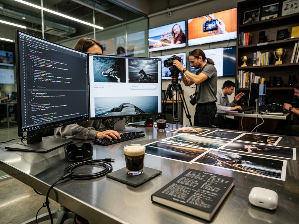 Monitors with Ruby code and photography gallery nav in art studio setup
