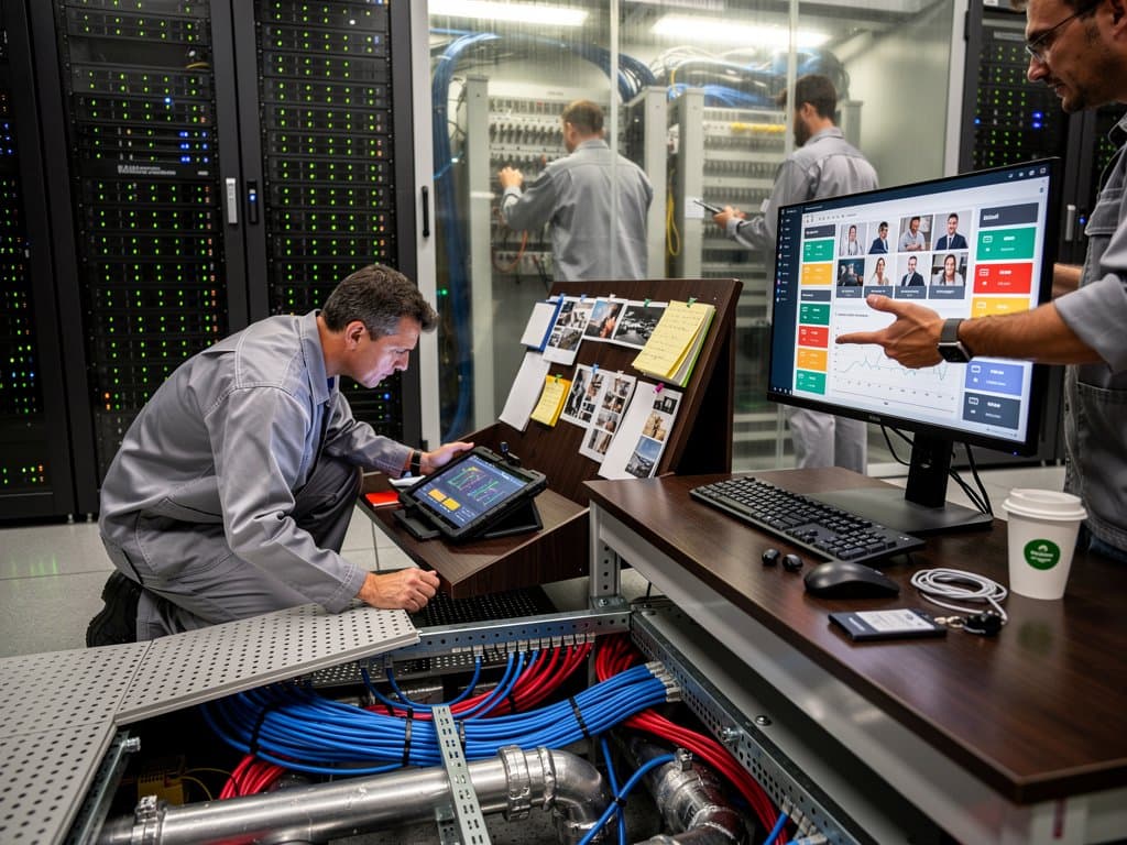 Tier IV data center with raised floors exposing cables, 4K monitor showing photo thumbnails and migration dashboards amid glowing server racks