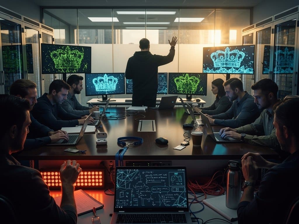 Glitch art hollow crown on tech silhouette, pixel fractures and chiaroscuro shadows in conceptual photography style