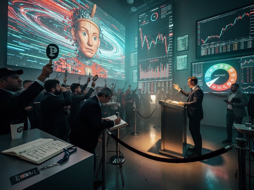 Split-screen of Kubrick star gate, AI Pinocchio visuals, and crypto Fear & Greed graph at 27 in chiaroscuro gallery style