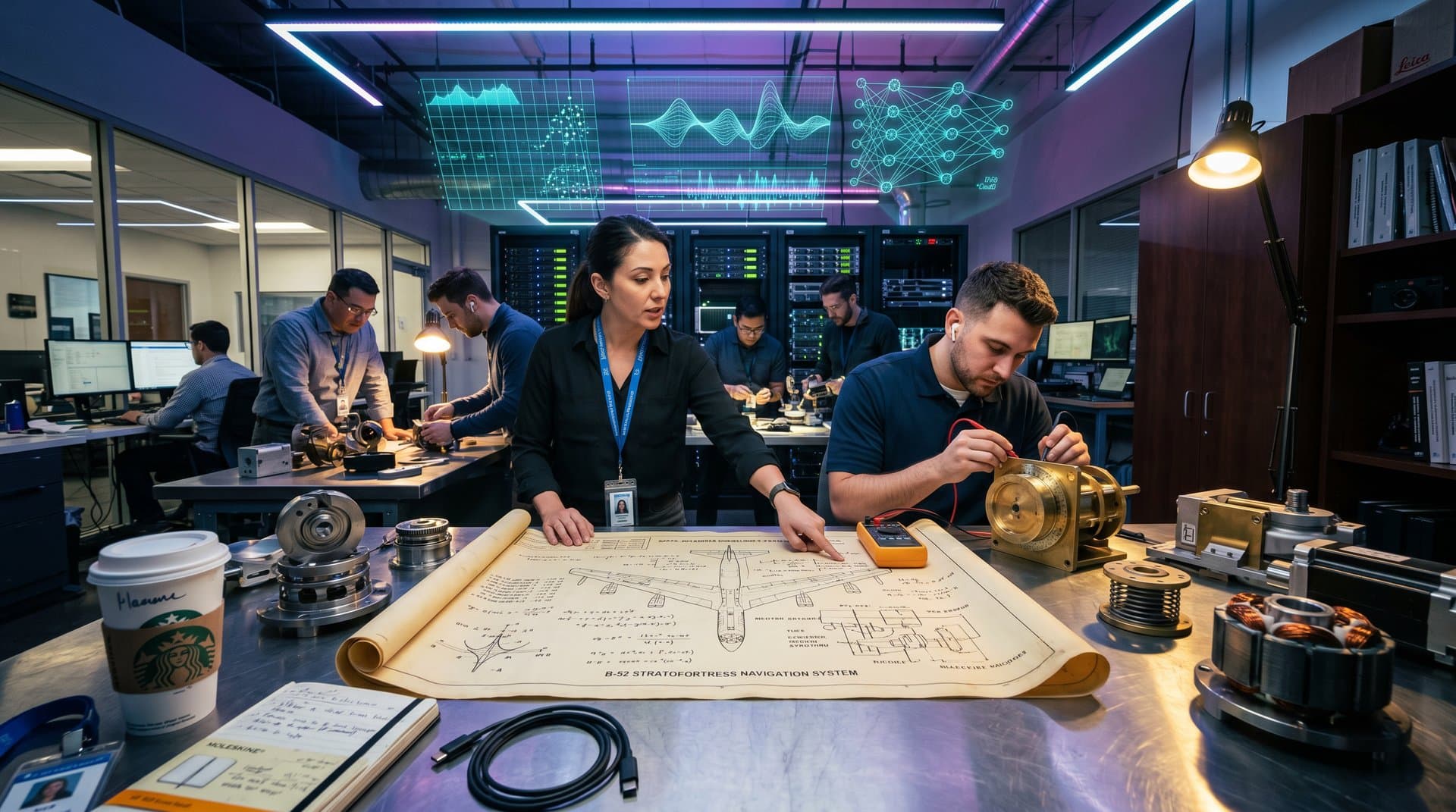 Brass gears of B-52 star tracker merged with digital computational photography overlays on blueprint table