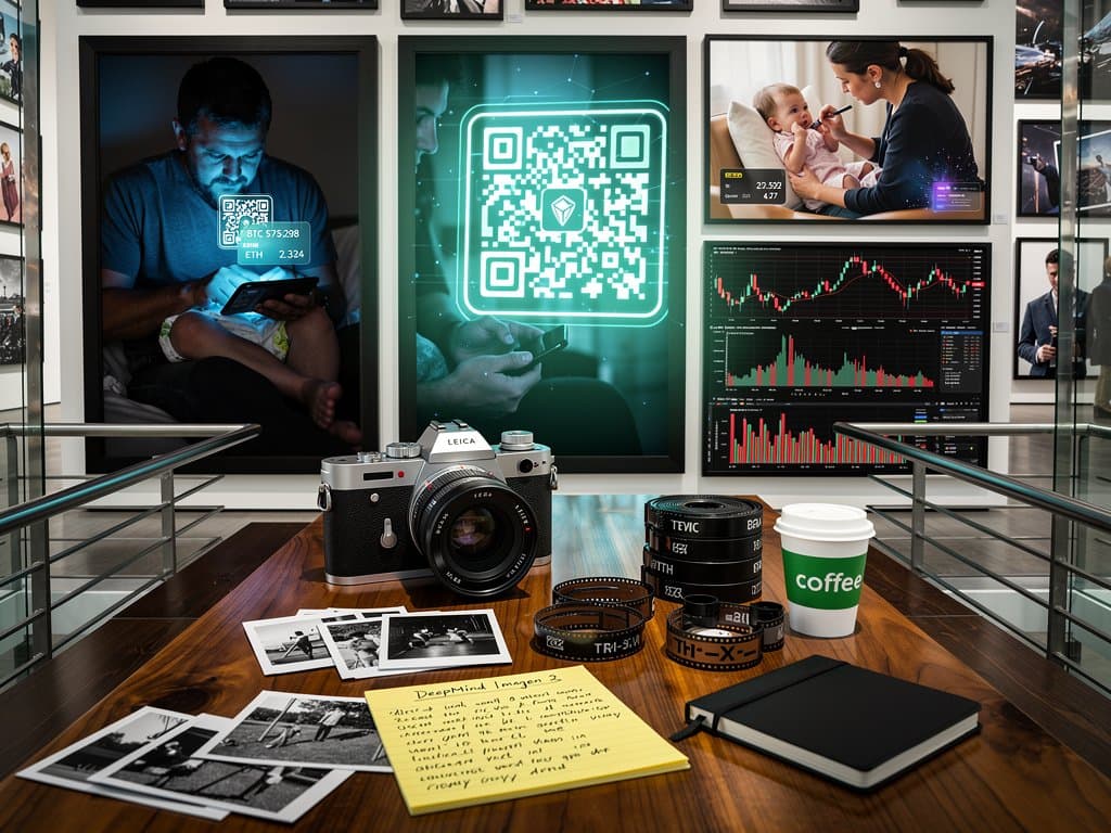 Gallery exhibiting prints of crypto-integrated diaper rituals with market data overlays, cameras, and charts evoking art-tech fusion