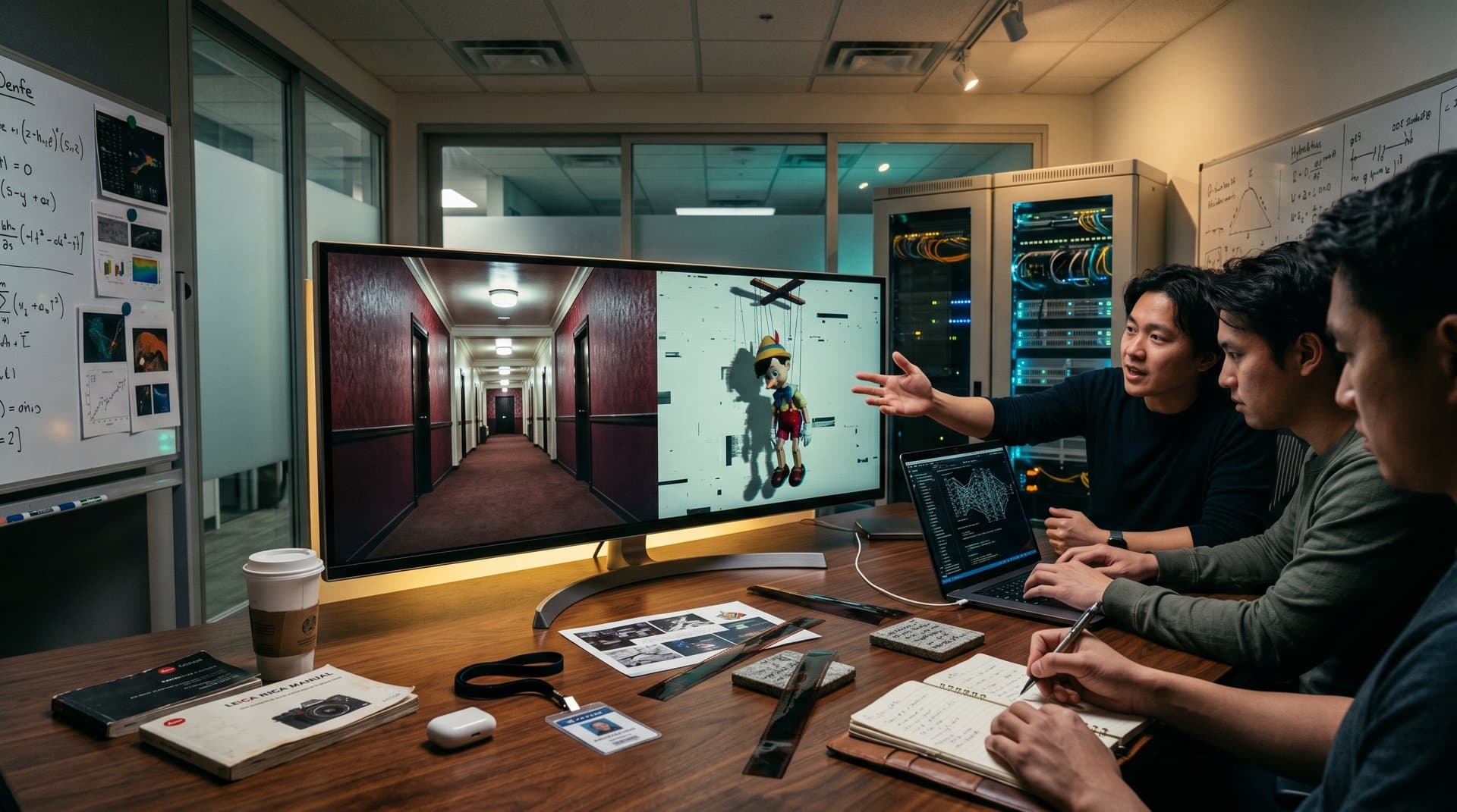 Split-screen display of Kubrick film frame and AI Pinocchio generation in tech lab setting with film sheets and servers
