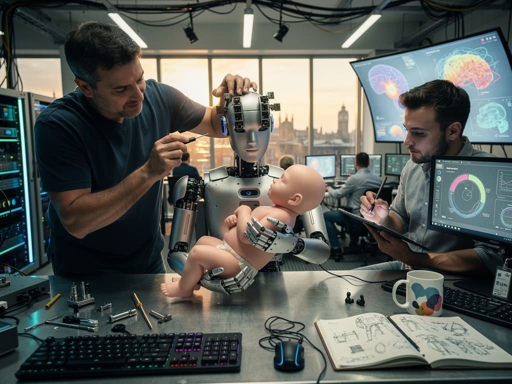 Caregiving robot prototype cradled mannequin on workbench in DeepMind lab with monitors, tools, and Thames skyline