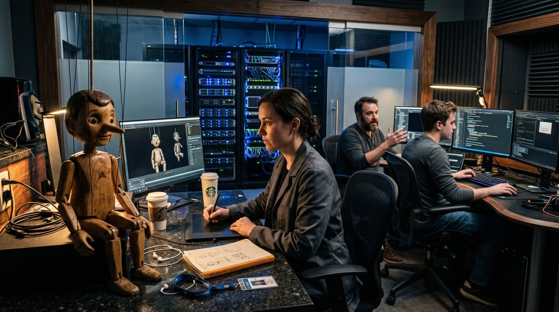 Kubrick-inspired AI lab with Pinocchio puppet under chiaroscuro light on glowing monitors amid servers