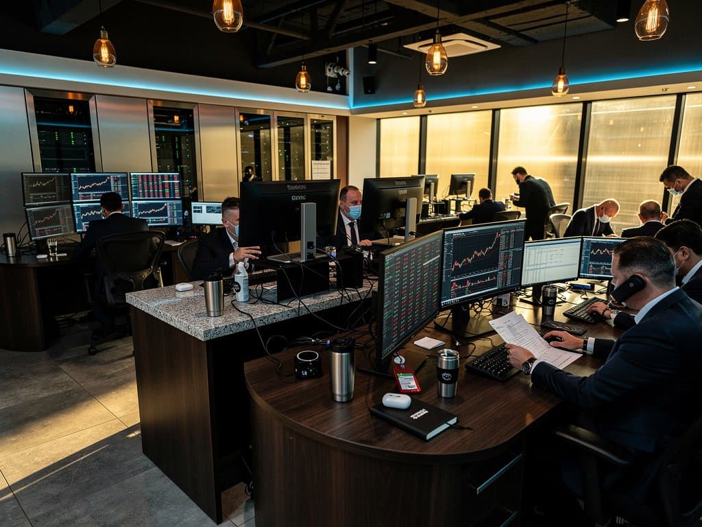 Goldman Sachs traders scrutinize falling crypto charts on Bloomberg terminals amid bustling modern trading floor activity