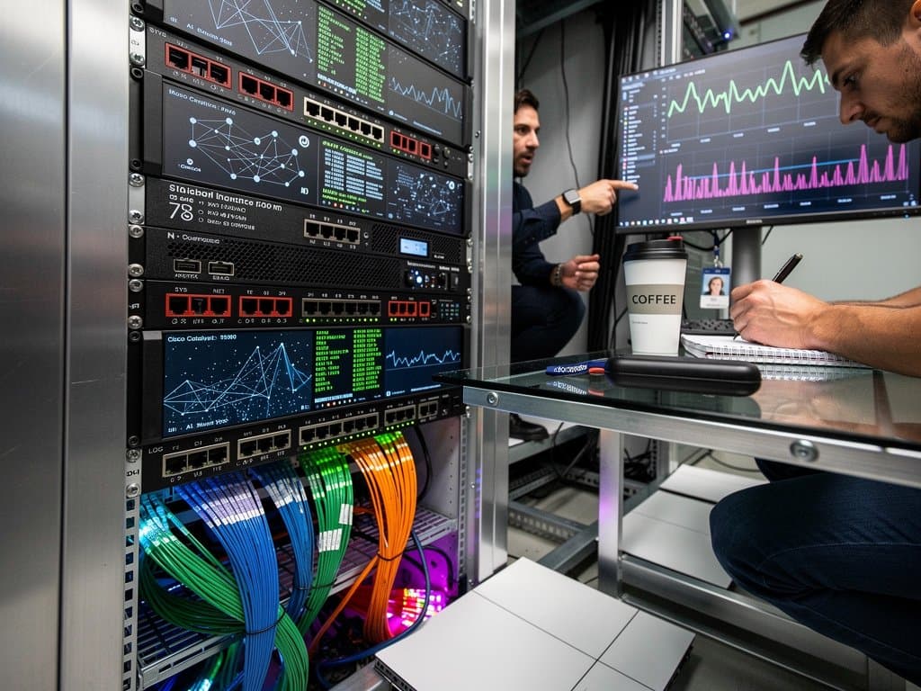 Glowing fiber cables and IPv6 routers in data center with virtual art exhibition overlays on monitors amid server racks