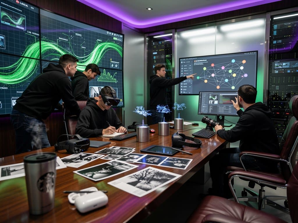 Monitors show real-time IPv6 photography collaborations merging global camera streams into immersive art canvases