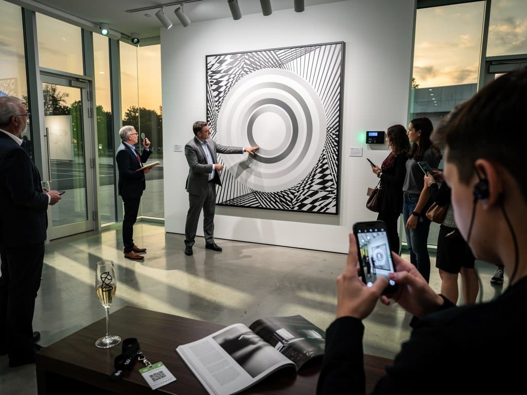 Binary GCD Op Art pattern from BTC $75,954 data with moiré rings and bitwise fractures on gallery print