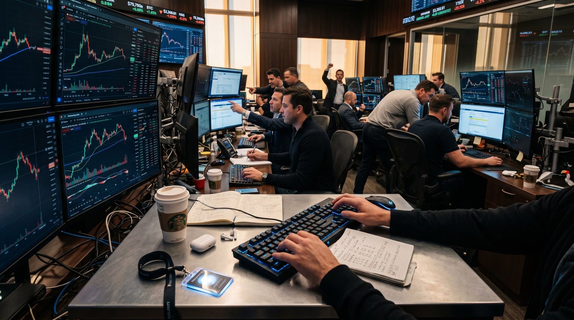 Trader at Bloomberg terminal with multi-monitors showing red crypto charts on busy trading floor