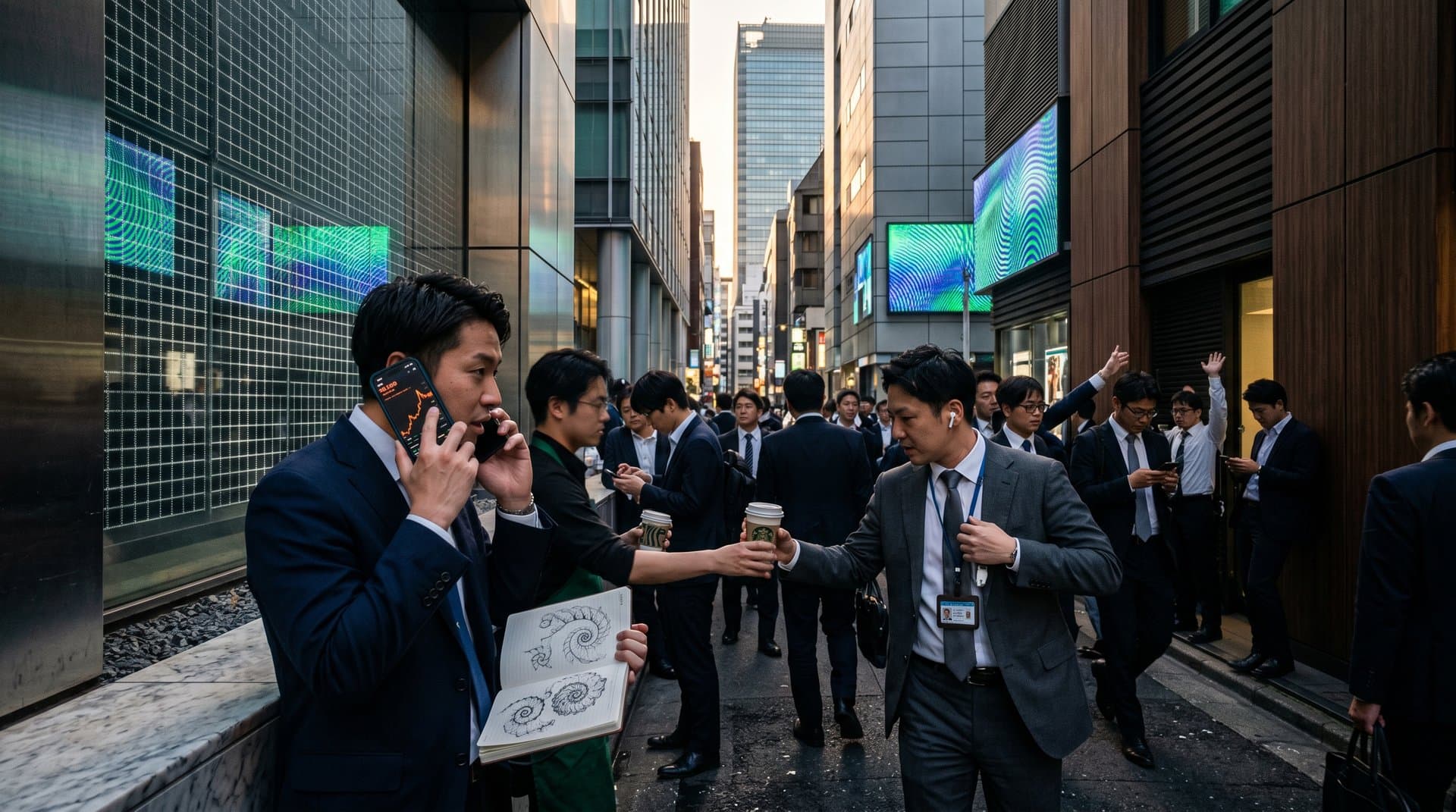 Symmetrical Binary GCD procedural patterns overlay street photography with integrated crypto chart elements in high-contrast chiaroscuro